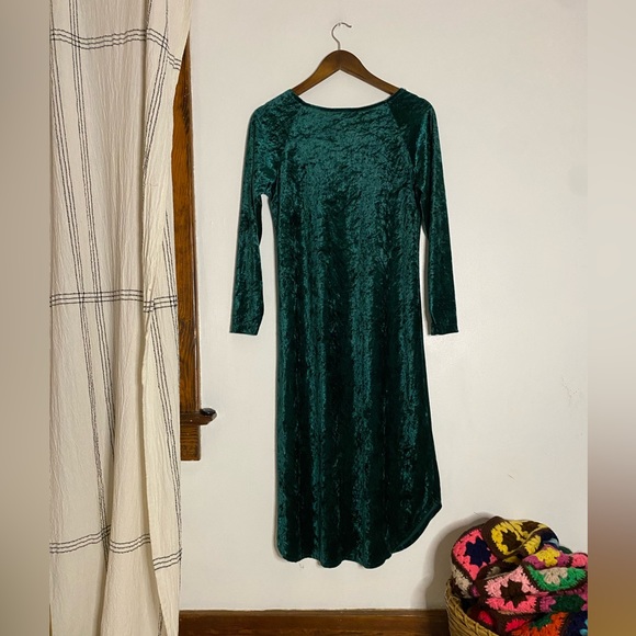 Vintage Emerald Green Crushed Velvet Long Sleeve Dress Lace Collar Size S - Picture 3 of 6